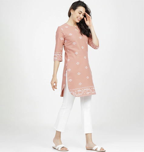 Peach-Coloured & White Printed Tunic